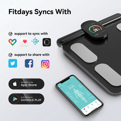 La balance connectée Alphinea synchronise les données de composition corporelle avec l'application Fitdays via Bluetooth.