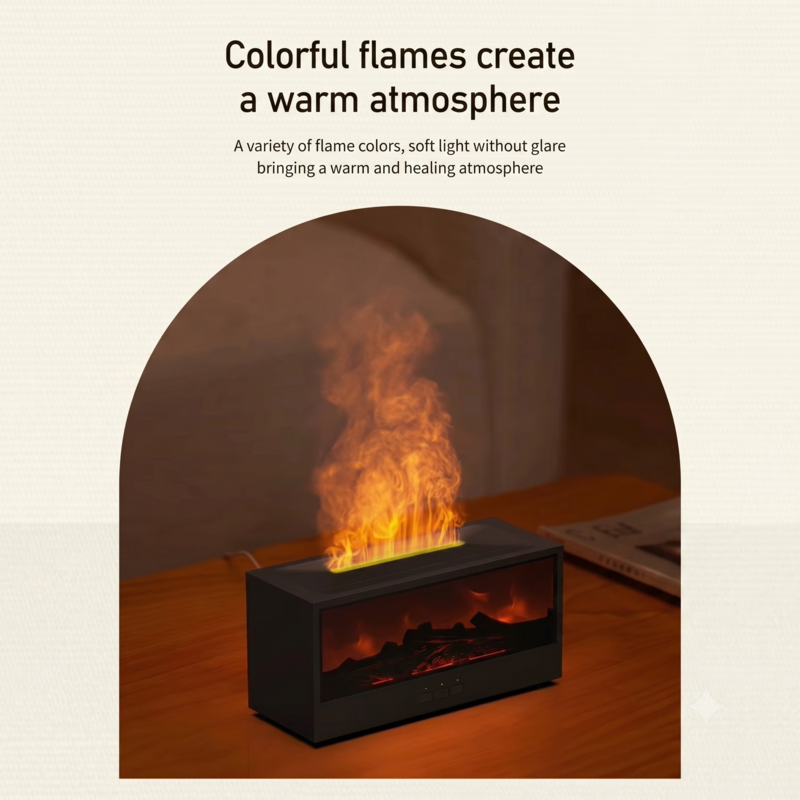 Diffuseur d'huiles essentielles Alphinea à effet flamme, diffusant une douce lueur sur un bureau et créant une ambiance chaleureuse dans la pièce.