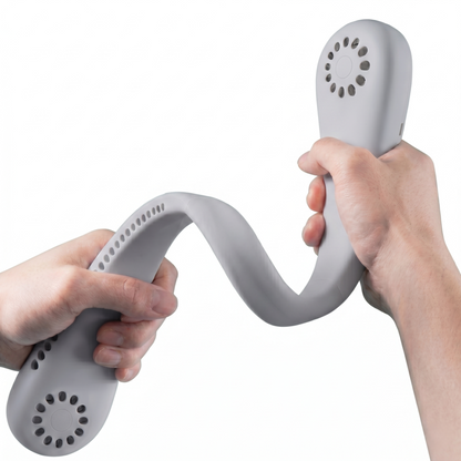 Alphinea white flexible neck fan being twisted and bent by two hands to demonstrate its durable, adjustable silicone gooseneck band design.