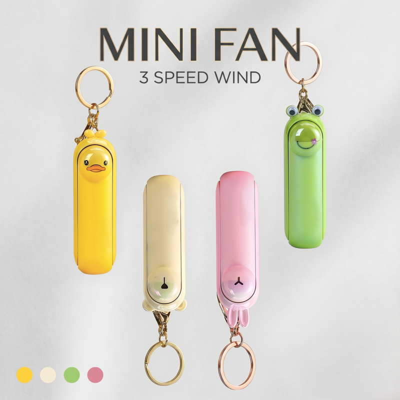 Group of four Alphinea foldable portable mini fans featuring yellow duck, cream bear, pink rabbit, and green frog designs with keychain clips, labeled with 3 Speed Wind.