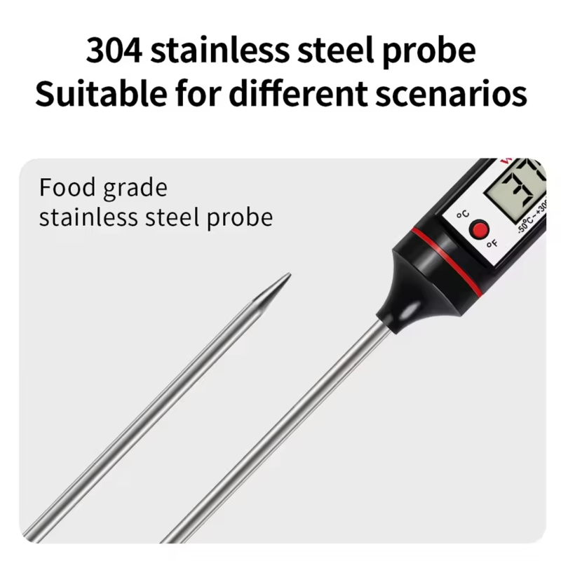 Close-up of the Alphinea food-grade 304 stainless steel probe. This durable, elongated probe is engineered for medical-grade precision to safely reach the thermal center of your cooking.