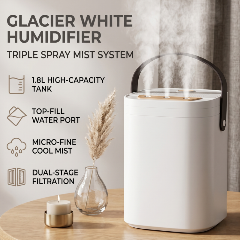 Glacier White Alphinea cool mist humidifier on a wooden table, showcasing its convenient top-fill design and dual-stage filtration.