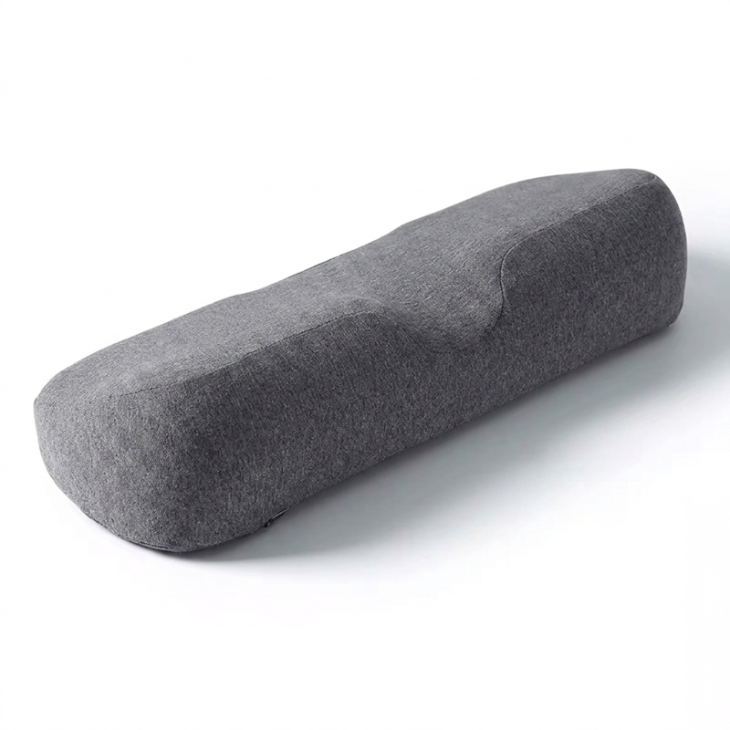 The Alphinea premium odorless memory foam neck pillow in gray, displaying the central contour and elevated side panels designed for both back and side sleepers.