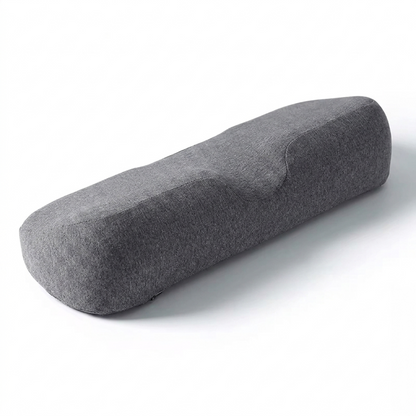 The Alphinea premium odorless memory foam neck pillow in gray, displaying the central contour and elevated side panels designed for both back and side sleepers.