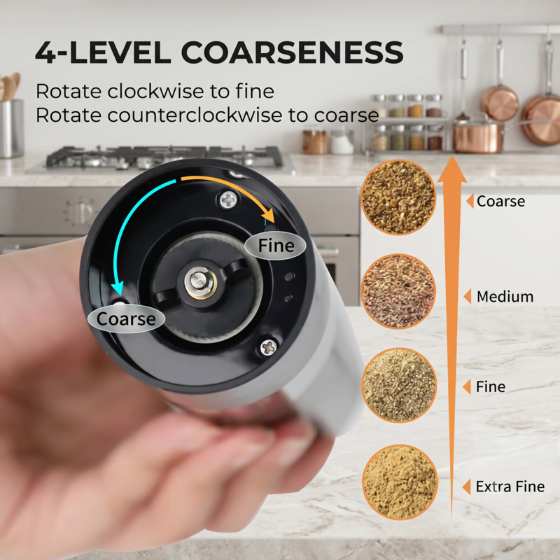 Bottom view of the Alphinea grinder showing the 4-level coarseness adjustment dial for fine to coarse spice grinding.