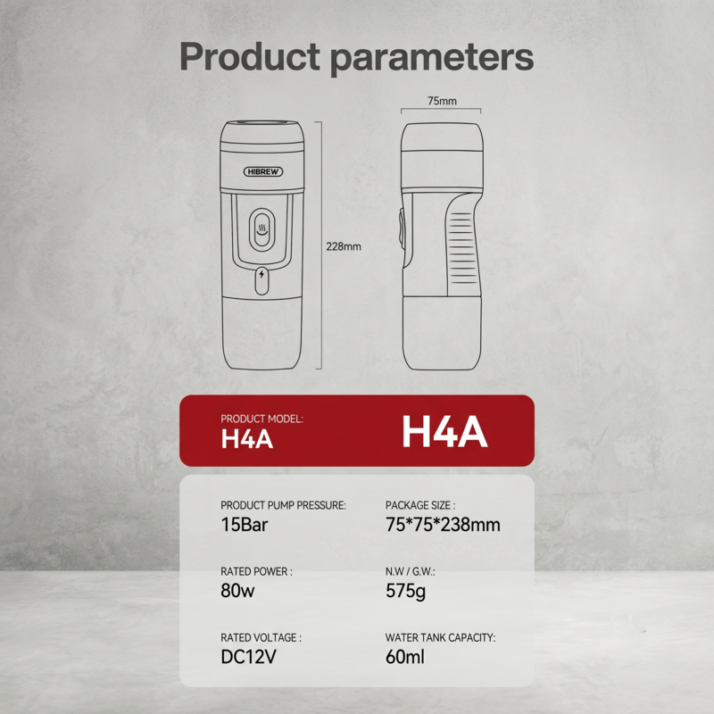 Paramètres du produit, spécifications techniques et dimensions de la machine à expresso portable Alphinea H4A.