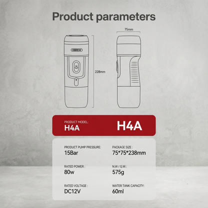 Paramètres du produit, spécifications techniques et dimensions de la machine à expresso portable Alphinea H4A.
