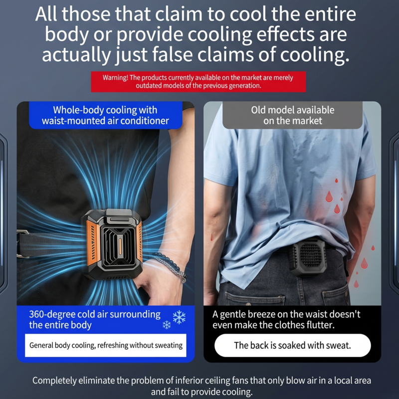 Demonstration of the Alphinea wearable fan securely clipped to a belt, showing cold airflow circulating under a shirt for hands-free outdoor cooling.