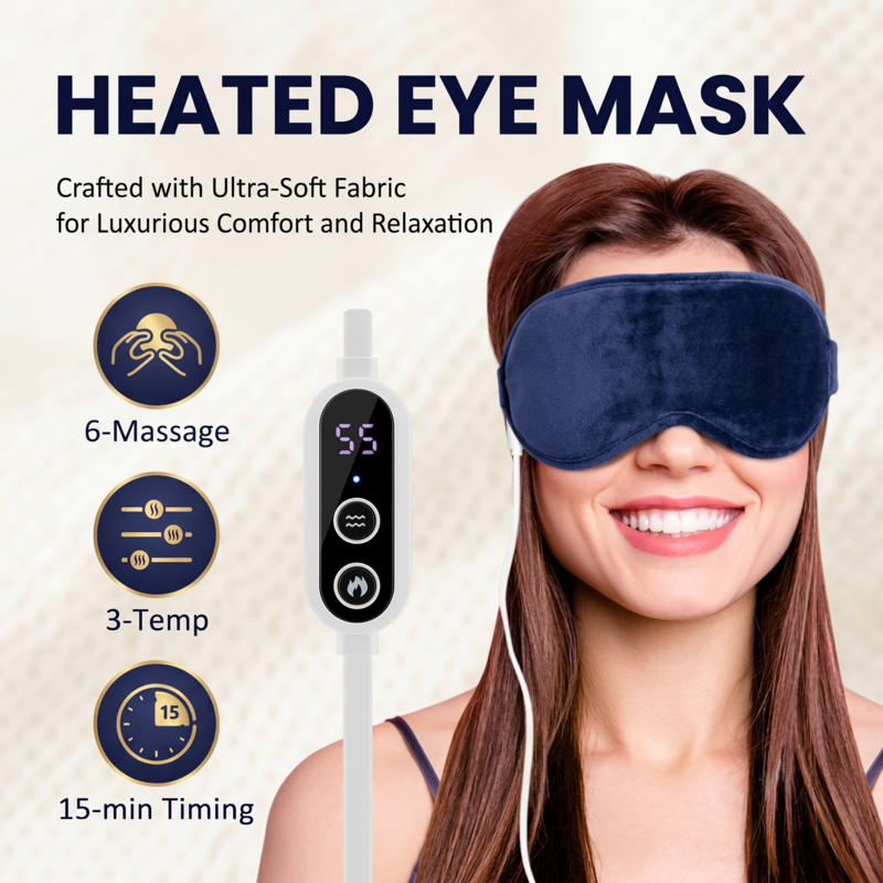 Alphinea heated eye mask in soft blue fabric worn by a smiling woman, featuring an inline digital controller highlighting 6 massage modes, 3 temperature settings, and a 15-minute timer.