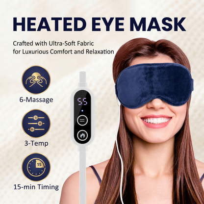 Masque chauffant pour les yeux Alphinea en tissu bleu doux, porté par une femme souriante, doté d'une commande numérique intégrée proposant 6 modes de massage, 3 réglages de température et une minuterie de 15 minutes.