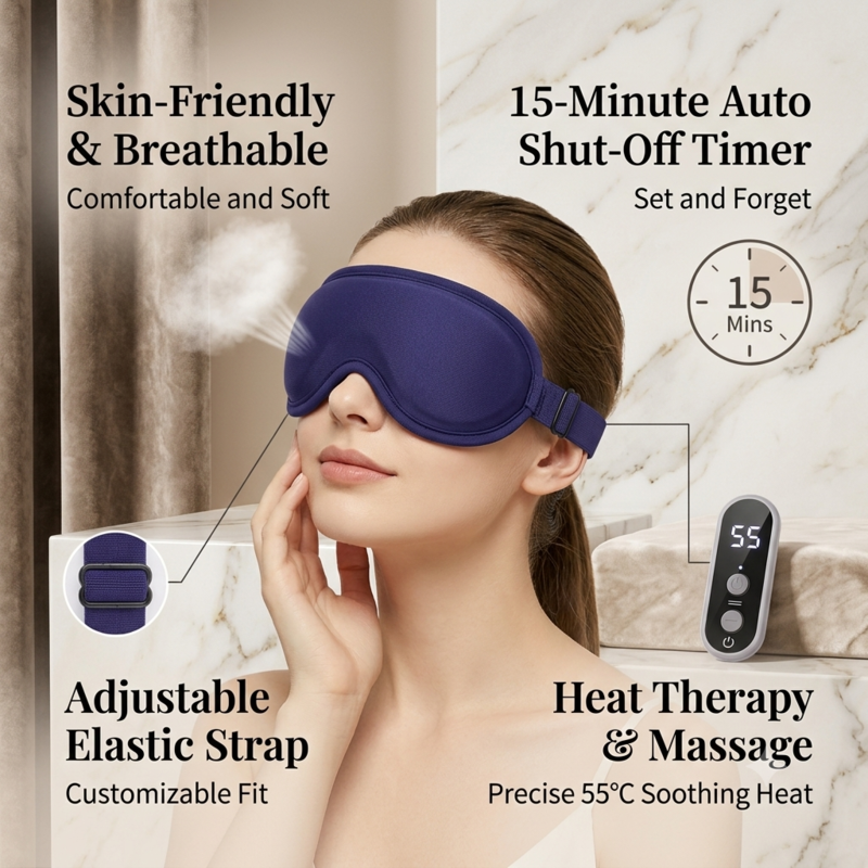 Alphinea heat therapy and massage eye mask emphasizing the safe, set-and-forget 15-minute auto shut-off timer.