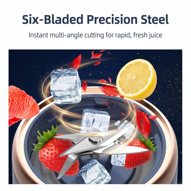 Close-up of the Alphinea Hexa-Blade Kinetic System featuring six 304 stainless steel precision blades crushing ice and fruit for silky textures.