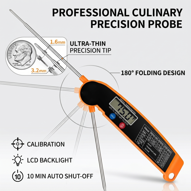 Alphinea High-Accuracy Electronic Probe displaying instant thermal readings for gourmet cooking and kitchen safety.