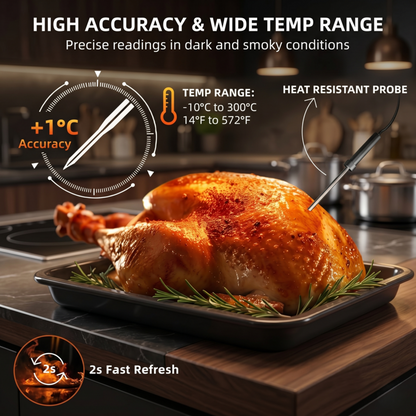 Poulet rôti doré au four illustrant la grande précision et la large plage de température (de 14 à 572 degrés Fahrenheit) du thermomètre Alphinea.