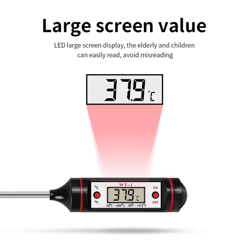The high-contrast digital interface of the Alphinea instant-read thermometer. The large, minimalist electronic display ensures effortless readability for instant accuracy in any kitchen lighting.