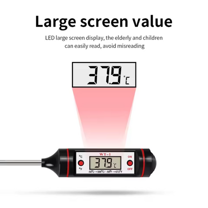 The high-contrast digital interface of the Alphinea instant-read thermometer. The large, minimalist electronic display ensures effortless readability for instant accuracy in any kitchen lighting.