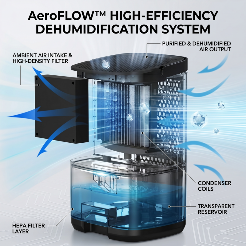 Internal diagram of the Alphinea Portable Dehumidifier showing its high-efficiency moisture extraction system, including ambient air intake, condenser coils, and purified air output.