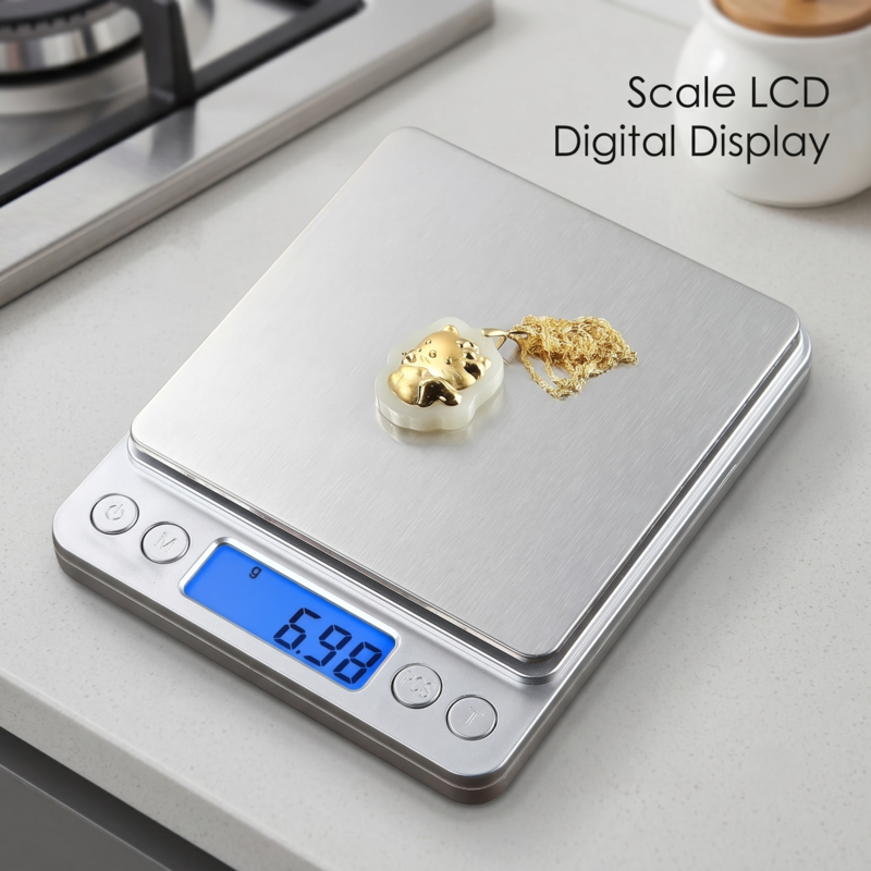 Alphinea Hochpräzisions-Digitalwaage mit hellblauem LCD-Display, die ein goldenes Schmuckstück auf einer weißen Arbeitsfläche genau wiegt.