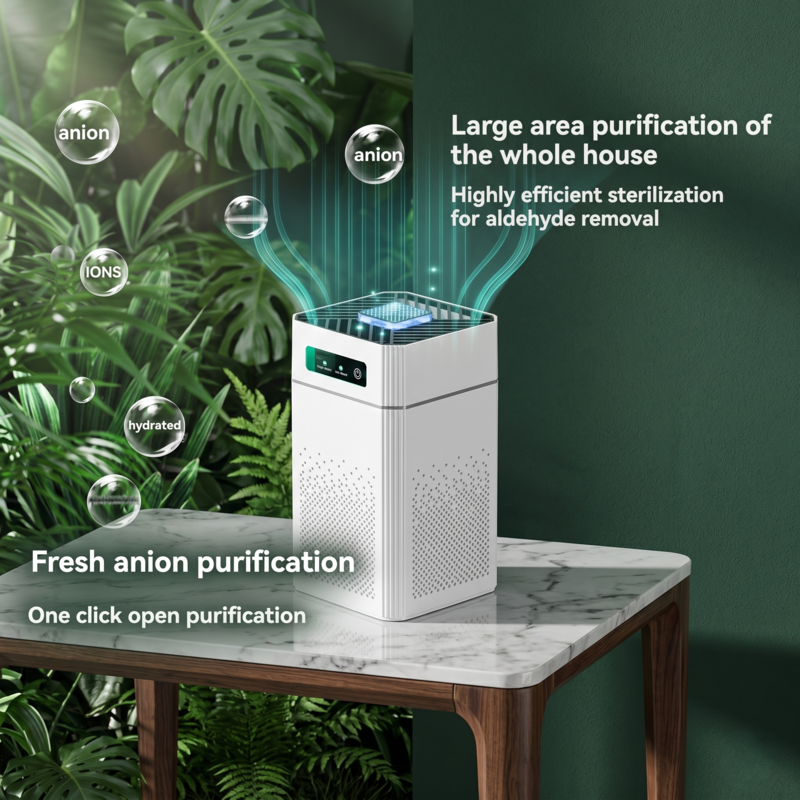 Purificateur d'air Alphinea posé sur une table de salon, libérant des anions frais, conçu pour la purification de toute la maison et l'élimination efficace des aldéhydes.