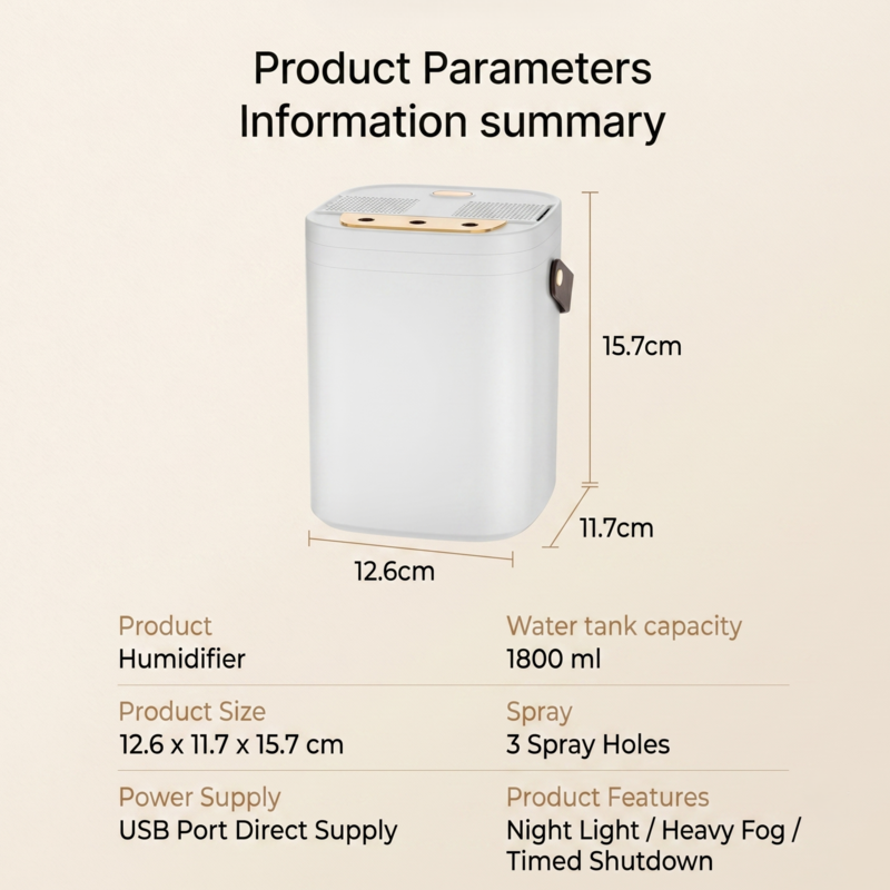 Résumé des spécifications du produit pour l'humidificateur Alphinea, détaillant ses dimensions de 12,6 x 11,7 x 15,7 centimètres et la capacité de son réservoir d'eau de 1800 ml.