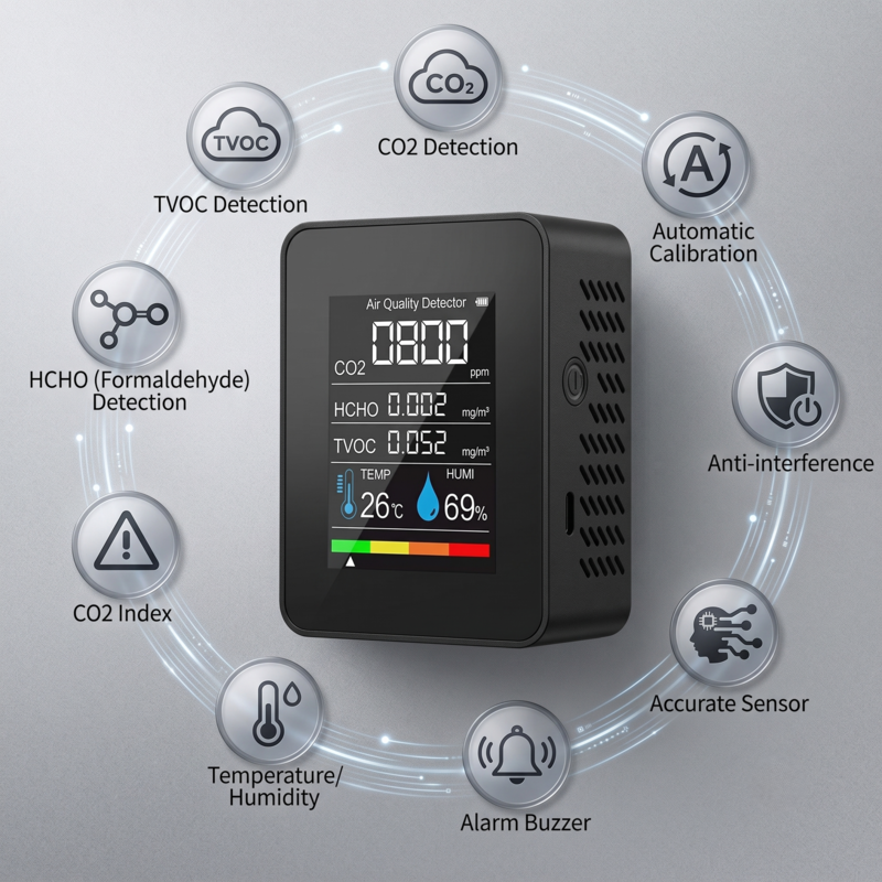 Schéma des caractéristiques du compteur de qualité de l'air intérieur Alphinea, mettant en évidence la détection du CO2, des COVT et du HCHO, le suivi précis de la température et de l'humidité, et un avertisseur sonore intégré.