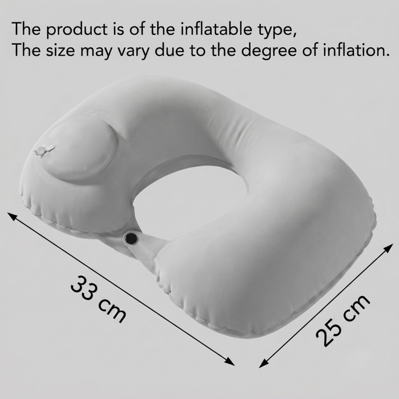 Dimensions de l'oreiller de voyage gonflable gris pour la nuque, mesurant 33 centimètres de large et 25 centimètres de profondeur, indiquant sa conception ergonomique en forme de U.