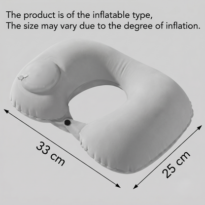 Dimensions de l'oreiller de voyage gonflable gris pour la nuque, mesurant 33 centimètres de large et 25 centimètres de profondeur, indiquant sa conception ergonomique en forme de U.