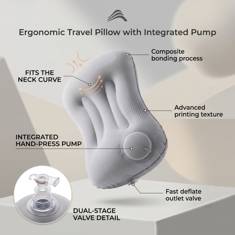 Diagram of the Alphinea ergonomic travel pillow highlighting the integrated hand-press pump, ergonomic neck curve fit, and dual-stage deflation valve.