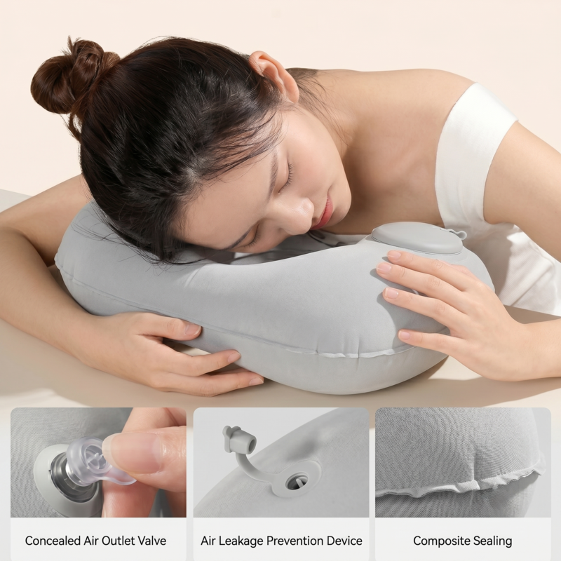 Une femme se repose confortablement à son bureau, utilisant l'oreiller cervical gonflable de voyage Alphinea gris. Un gros plan révèle la valve de dégonflage dissimulée, le dispositif anti-fuite et le joint composite.