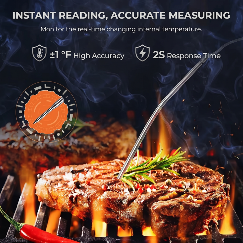 The Alphinea pro-grade stainless probe inserted into a grilling steak, highlighting its instant 2-second response time and laboratory-grade accuracy.