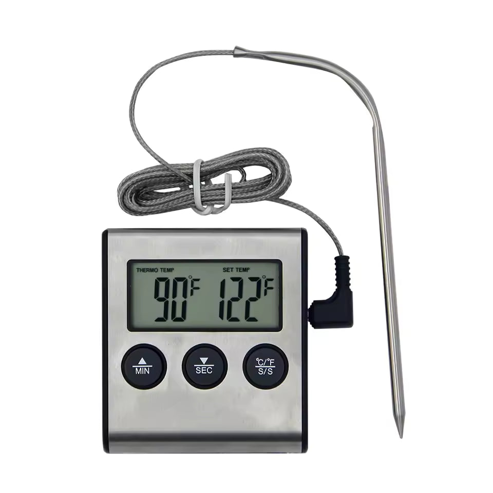 Vorderansicht des digitalen Alphinea-Kochthermometers mit LCD-Anzeige und hitzebeständiger Edelstahlsonde.