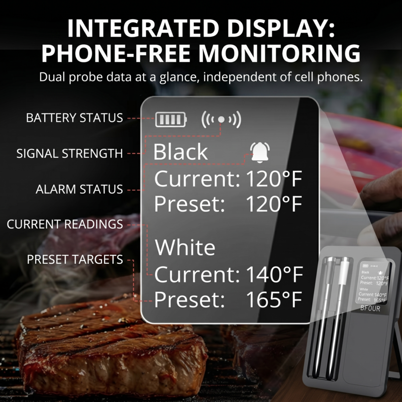 Close-up of the Alphinea rechargeable eco-station's integrated LCD display, showing real-time internal and preset temperatures for phone-free monitoring of your BBQ or smoker.