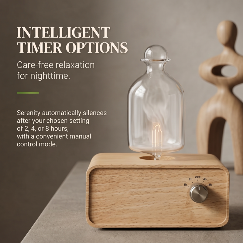 Gros plan sur le diffuseur d'huiles essentielles en bois d'Alphinea dans une chambre à coucher relaxante, mettant en évidence les options de minuterie intelligentes pour 2, 4 ou 8 heures de relaxation nocturne continue et sans souci.