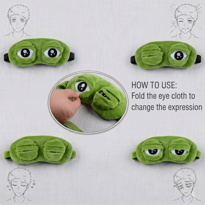 Instructions for the Alphinea interactive mood sleep mask showing how to manually fold the eye cloth to change the frog's expression. Demonstrates four fun styles: wide awake, fast asleep, winking, and half-open.