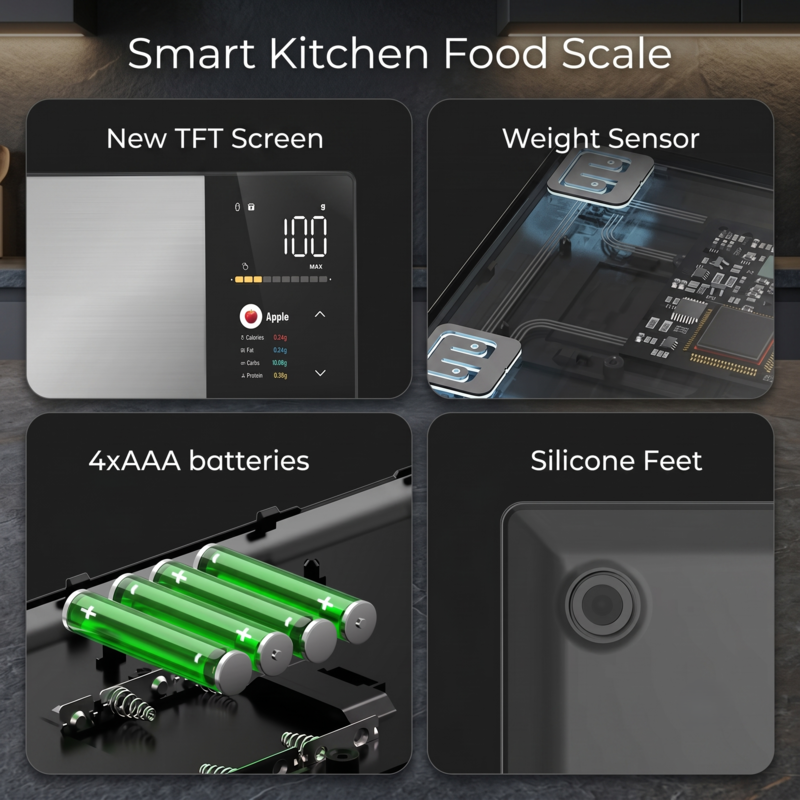 Présentation technique de la balance de cuisine intelligente Alphinea, mettant en évidence l'écran TFT, le capteur de poids, les 4 piles AAA et les pieds en silicone antidérapants.
