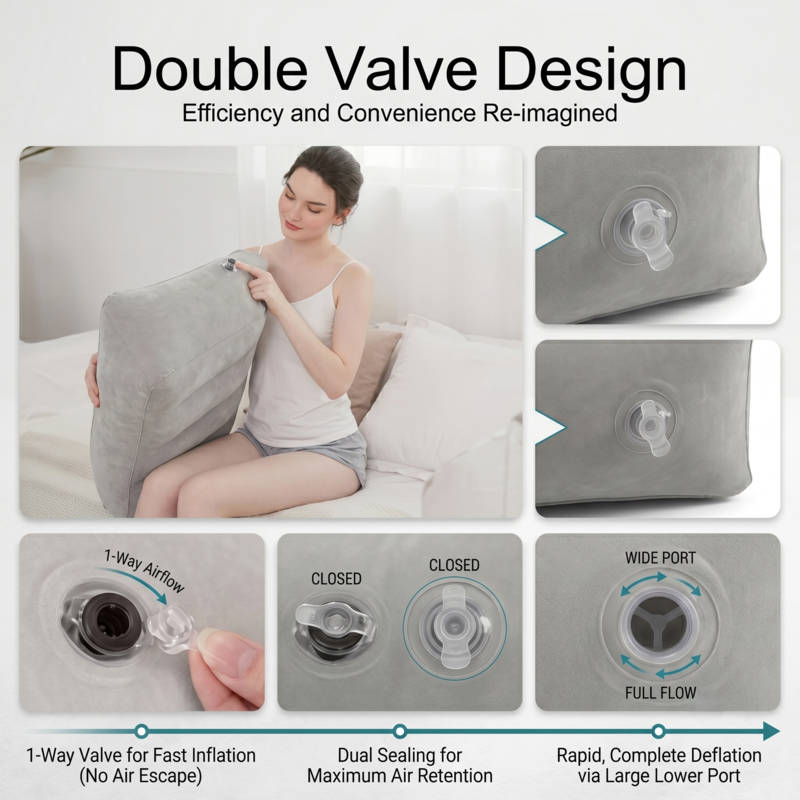 Nahaufnahme des Doppelventilsystems des Alphinea Beinhochlagerungskissens, das ein schnelles Aufblasen und Ablassen der Luft ermöglicht.