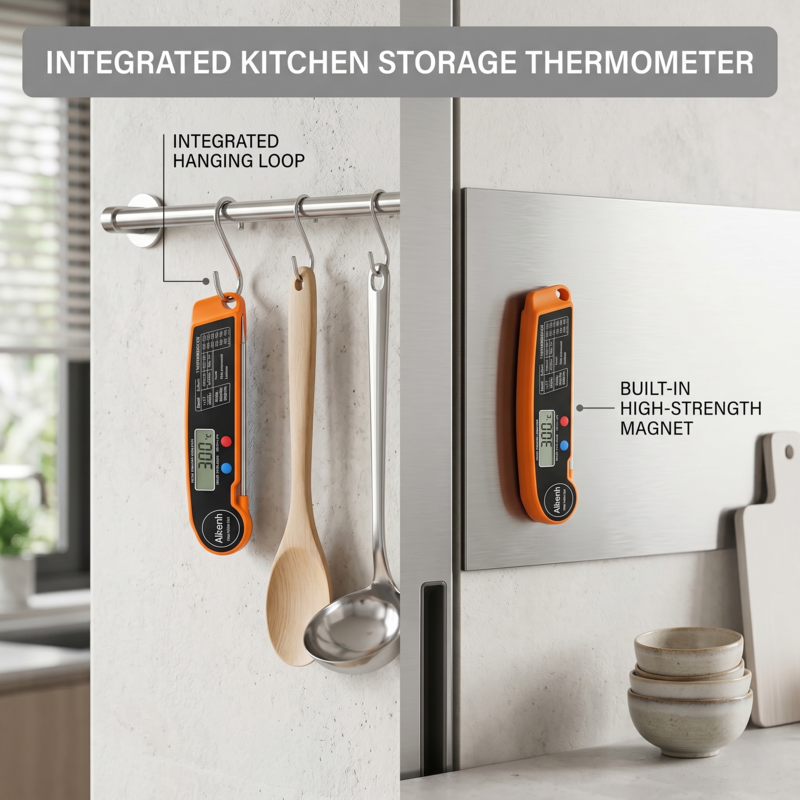 Alphinea digital kitchen thermometer measuring the exact temperature of frothed milk for lattes and tea water.