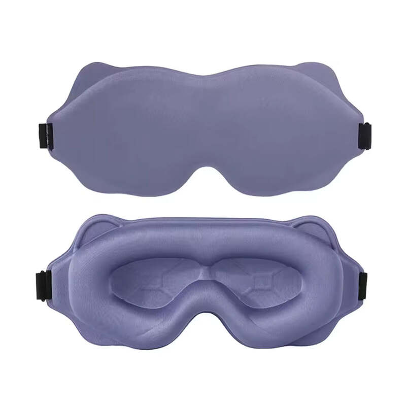 Front and back view of the purple Alphinea luxury sleep mask, showcasing the ultra-soft breathe-easy textiles and pressure-free 3D recessed eye contours.