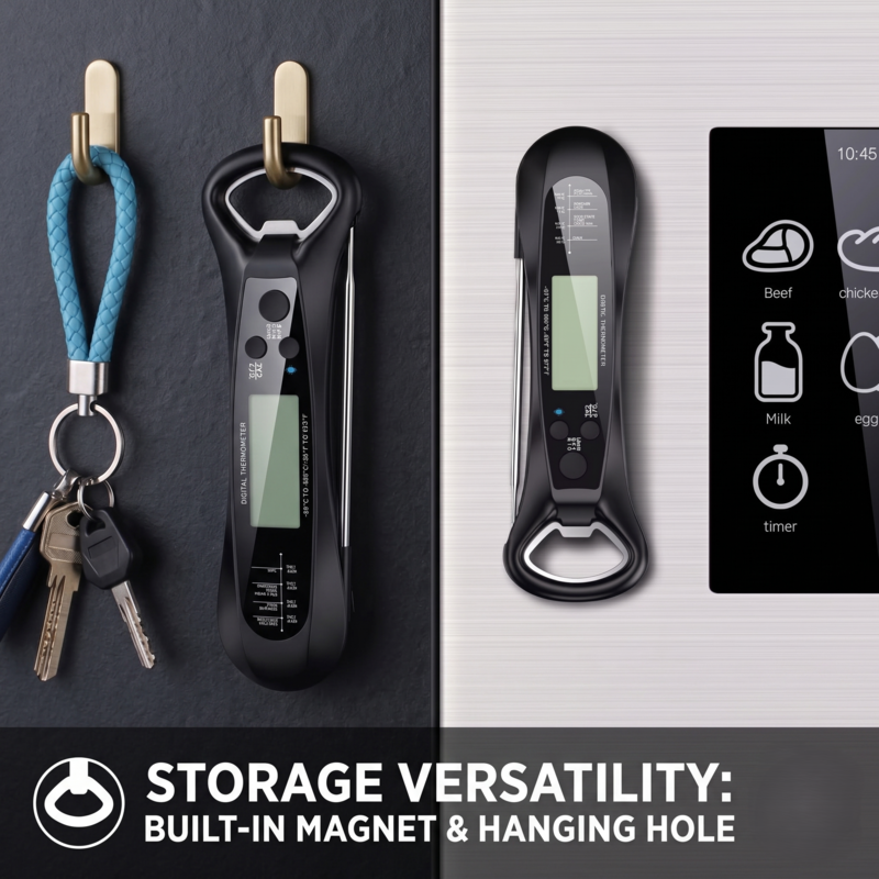 Alphinea smart cooking thermometer storage versatility, showcasing the built-in industrial-strength magnet for refrigerator mounting and a convenient hanging hole.