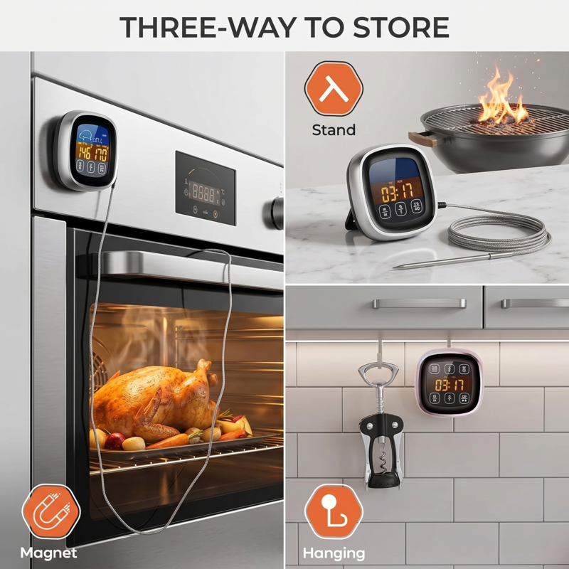 Three versatile storage options for the Alphinea meat thermometer: attached to an oven with its magnetic back, resting on a counter using the built-in stand, and hanging from a kitchen hook.