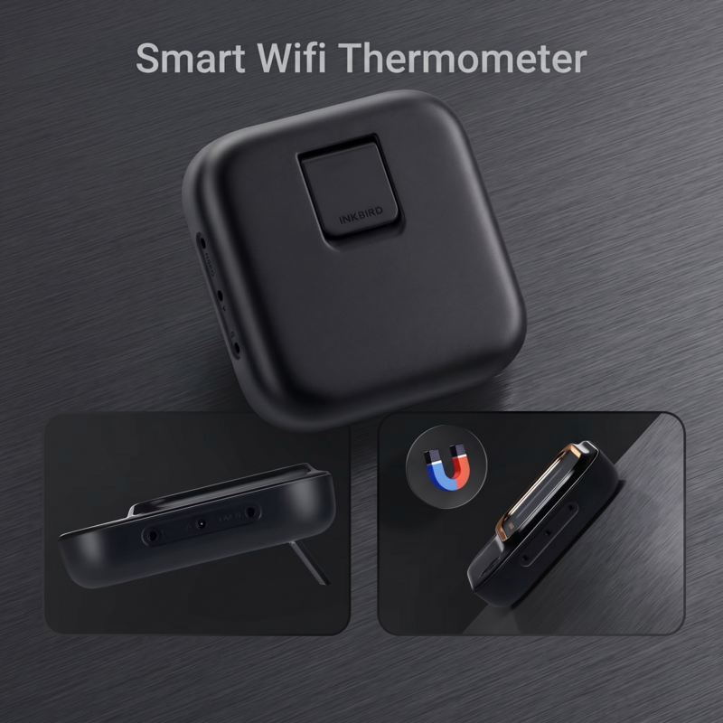 Rück- und Seitenansicht des intelligenten Wi-Fi-Thermometers Alphinea, die die integrierte magnetische Rückseite zur einfachen Montage an Grills und Öfen hervorhebt.