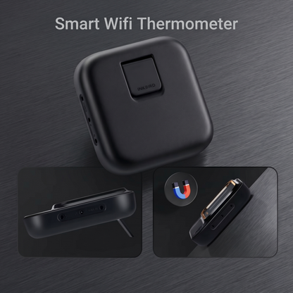 Rück- und Seitenansicht des intelligenten Wi-Fi-Thermometers Alphinea, die die integrierte magnetische Rückseite zur einfachen Montage an Grills und Öfen hervorhebt.