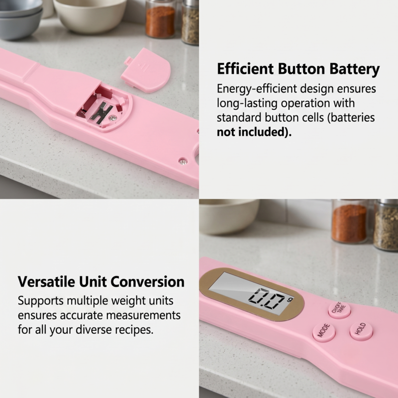 Elektronische Messlöffelwaage Pink Alphinea mit Knopfzellenfach und vielseitiger Einheitenumrechnungsanzeige.