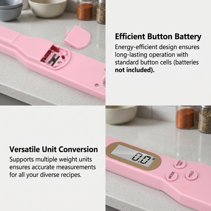 Elektronische Messlöffelwaage Pink Alphinea mit Knopfzellenfach und vielseitiger Einheitenumrechnungsanzeige.