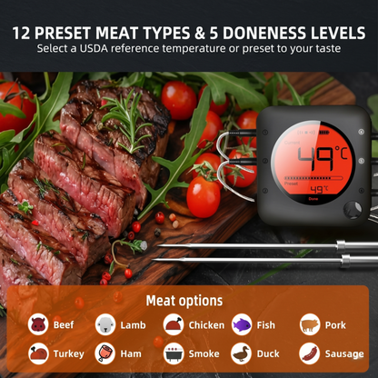 Thermomètre de cuisson intelligent Alphinea affichant une température de 120 degrés Fahrenheit, doté de deux sondes en acier inoxydable et d'une interface d'application mobile.