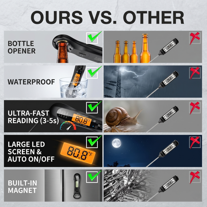 Feature comparison chart highlighting the Alphinea digital meat thermometer's advantages, including a built-in bottle opener, waterproof design, ultra-fast reading, and smart magnetic integration.