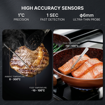 Gros plan sur le thermomètre à viande Alphinea sondant un steak et un saumon, mettant en évidence ses capteurs de haute précision avec une précision de 1 degré et une détection rapide en 1 seconde.