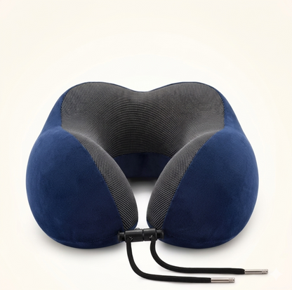 Navy blue Alphinea travel neck pillow with adjustable front drawstrings for customized neck decompression and desk recovery.
