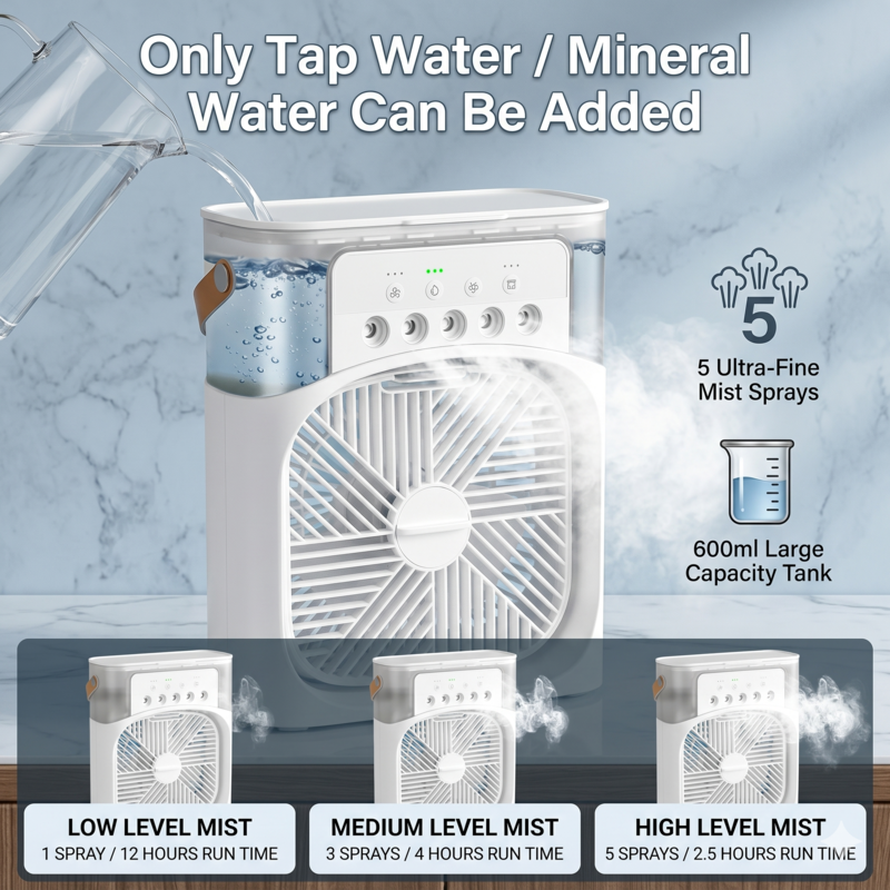 Detailansicht des 600 ml fassenden Wassertanks des tragbaren Nebelventilators Alphinea, die die Sprühmodi niedrige, mittlere und hohe Zerstäubung mit Leitungswasser oder Mineralwasser demonstriert.