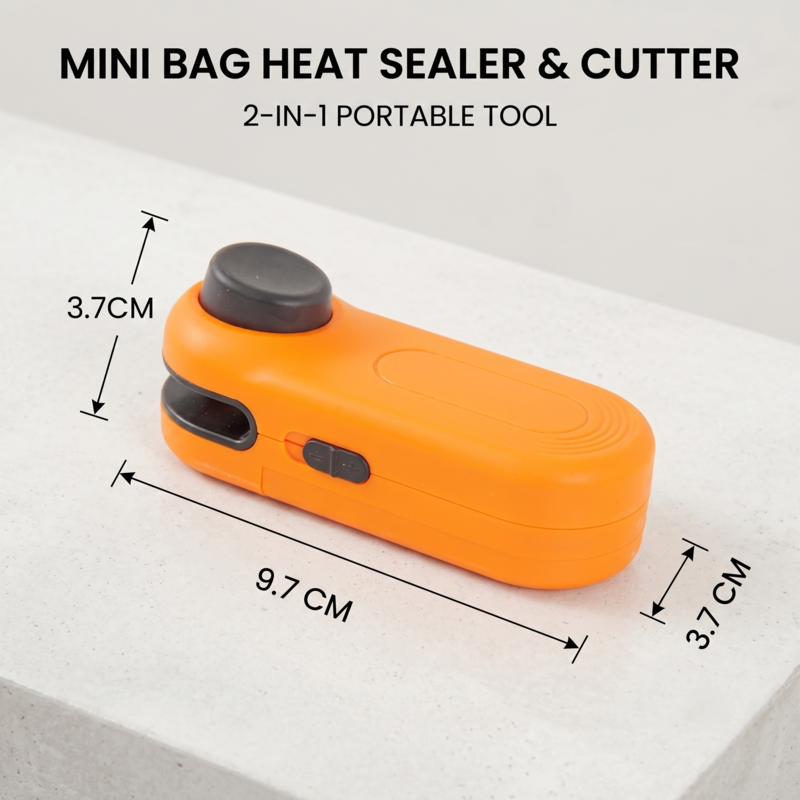 Technical dimensions of the orange Alphinea mini bag heat sealer and cutter, displaying its highly compact and portable size of 9.7 centimeters long by 3.7 centimeters wide.